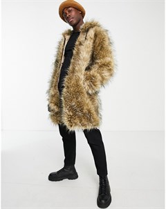 Удлиненная фактурная куртка коричневого цвета из искусственного меха с капюшоном Urbancode