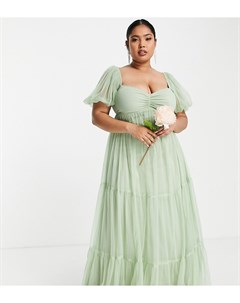 Шалфейно зеленое платье из тюля с объемными рукавами Bridesmaid Charlotte Lace & beads plus