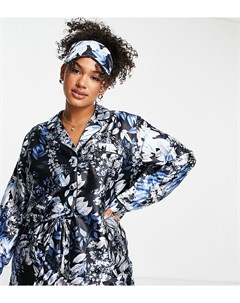 Атласная пижама с шортами из 3 предметов темно синего цвета с цветочным принтом x Lorna Luxe In the style plus