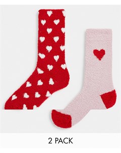 Набор из 2 пар пушистых носков красного и розового цветов с узором сердец Threadbare