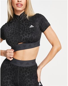 Укороченная футболка на молнии с черным леопардовым принтом adidas Training Adidas performance