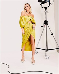 Атласная юбка миди горчичного цвета с разрезом и драпировкой Asos edition
