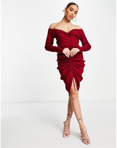 Трикотажное платье миди винного цвета со сборками Femme luxe