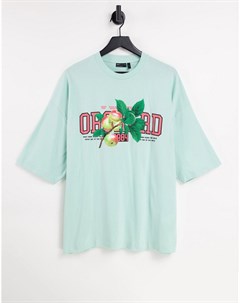 Голубая oversized футболка с принтом фруктов и надписью в университетском стиле Asos design