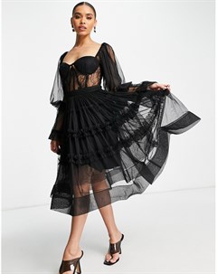 Черное платье миди из тюля с лифом в стиле корсета Lace & beads