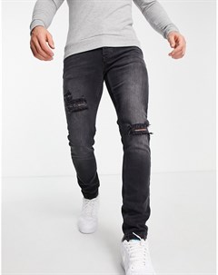 Эластичные зауженные джинсы черного выбеленного цвета со рваной отделкой Topman