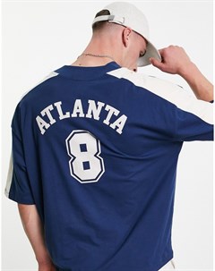 Oversized футболка темно синего цвета в стиле колор блок с бейсбольным принтом Atlanta Asos design