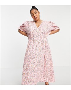 Розовое чайное платье миди с цветочным принтом и V образным вырезом Only curve