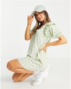 Шалфейно зеленое платье мини с вышивкой V образным вырезом и оборками на плечах Asos design