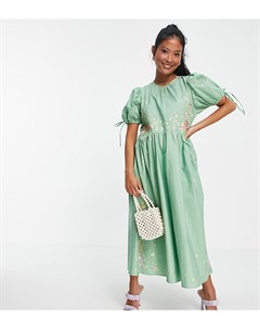 Платье миди из хлопкового поплина шалфейно зеленого цвета с вышивкой открытой спиной и присборенной  Asos petite