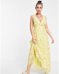 Желтое платье макси с запахом спереди и цветочным принтом Vila