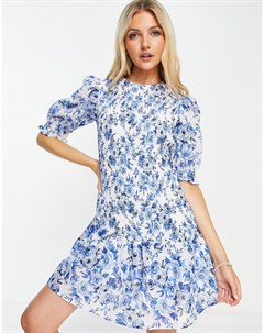 Присборенное платье мини голубого цвета с китайским узором и оборками по низу New look