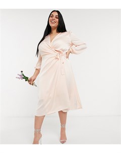 Светло розовое атласное платье миди подружки невесты с запахом спереди и длинными рукавами Tfnc plus