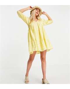 Желтое платье мини в стиле бэбидолл с ярусными оборками и вышивкой ришелье ASOS DESIGN Petite Asos petite