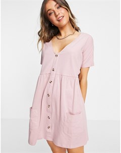 Платье мини на пуговицах с присборенной юбкой и карманами розового цвета Asos design