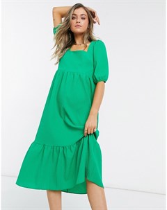 Ярко зеленое свободное платье миди с квадратным вырезом и складками New look