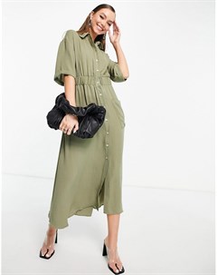 Платье рубашка миди на пуговицах с эластичным поясом цвета хаки Asos design