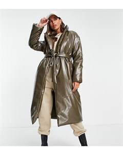 Удлиненное пальто из искусственной кожи коричневого цвета с объемным уплотнителем и поясом Tall Asos design