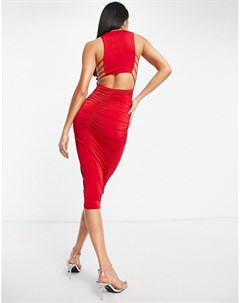 Присборенное красное платье миди с верхом в стиле борцовки и декоративными ремешками по бокам Asos design