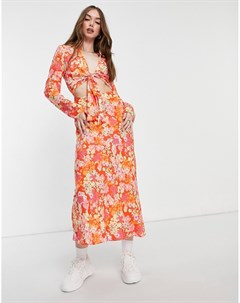 Платье рубашка миди с вырезом декоративным узлом спереди и ярким цветочным принтом Asos design