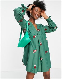 Зеленое платье мини A силуэта из хлопкового поплина с V образным вырезом спереди и сзади и сплошной  Asos design