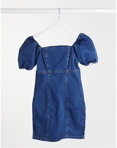 Синее джинсовое платье мини с объемными рукавами New look
