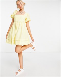 Лимонно желтое платье мини из хлопка с присборенной юбкой квадратным вырезом и открытой спиной с зав Asos design