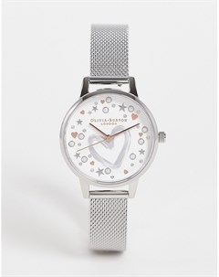 Серебристые часы с сетчатым ремешком и циферблатом с сердечками Olivia burton