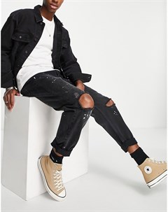 Свободные джинсы выбеленного черного цвета с рваными разрезами и эффектом брызг краски Topman