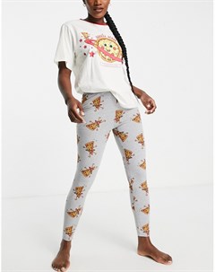 Пижамный комплект из oversized футболки с принтом Always Space For Pizza и леггинсов кремового и сер Asos design