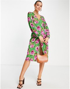 Зеленое платье миди с пышными рукавами на манжетах запахом и фиолетовым цветочным принтом Asos design