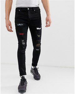 Черные джинсы супероблегающего кроя с рваной отделкой и принтом Sixth june