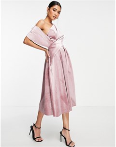 Розовое бархатное платье миди для выпускного с открытыми плечами Asos design