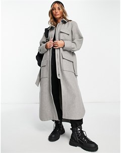 Удлиненное пальто в утилитарном стиле серого цвета с поясом Topshop