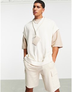 Двухслойная oversized футболка с жилетом кремового цвета Asos design