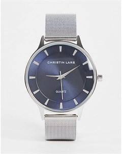Серебристые мужские часы с темно синим циферблатом и сетчатым ремешком Christin lars