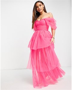 Эксклюзивное ярко розовое платье макси из тюля с открытыми плечами Lace & beads