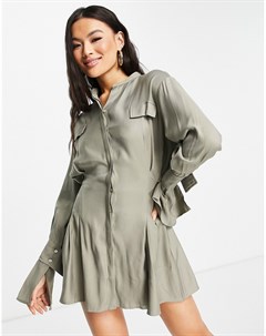 Приталенное платье рубашка мини оливкового цвета с акцентными пуговицами Aria cove