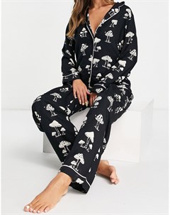 Черная пижама из рубашки с длинными рукавами и брюк из модала с принтом грибов Asos design