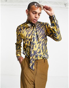 Атласная рубашка с воротником бантом на завязках и леопардовым принтом Asos design