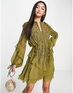 Оливковое шифоновое платье мини с трафаретной цветочной вышивкой Asos design