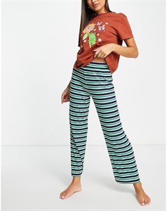 Пижамный комплект из рыжей футболки с принтом лягушки и брюк в рубчик и в голубую и зеленую полоску Asos design