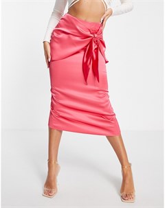 Розовая атласная юбка миди с запахом и завязкой с узлом Asos design