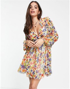 Платье мини с оборками винтажным цветочным принтом и шнуровкой на спине Asos design