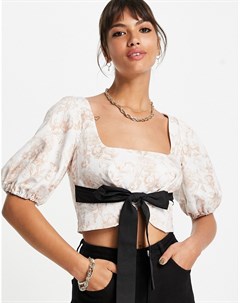 Укороченная блузка с квадратным вырезом пышными рукавами контрастным поясом и цветочным принтом Asos design