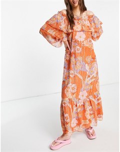 Платье макси с открытыми плечами и ярким цветочным принтом в стиле 70 х Asos design