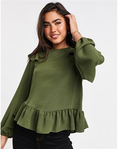 Оливково зеленая блузка с длинными рукавами и оборками Asos design