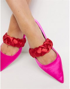 Розово красные атласные балетки в стиле Мэри Джейн с острым носком и декоративным ремешком Liberty Asos design