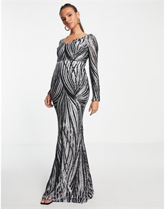 Платье макси серого и серебристого цветов с декоративной отделкой открытыми плечами и длинными рукав Goddiva