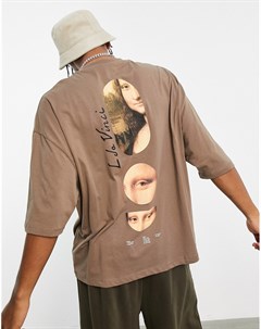 Коричневая oversized футболка с принтами Моны Лизы Asos design
